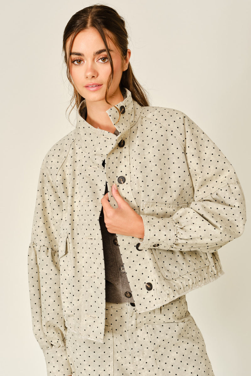 Long Sleeve Button Down Polka Dot Print Jacket Tan
