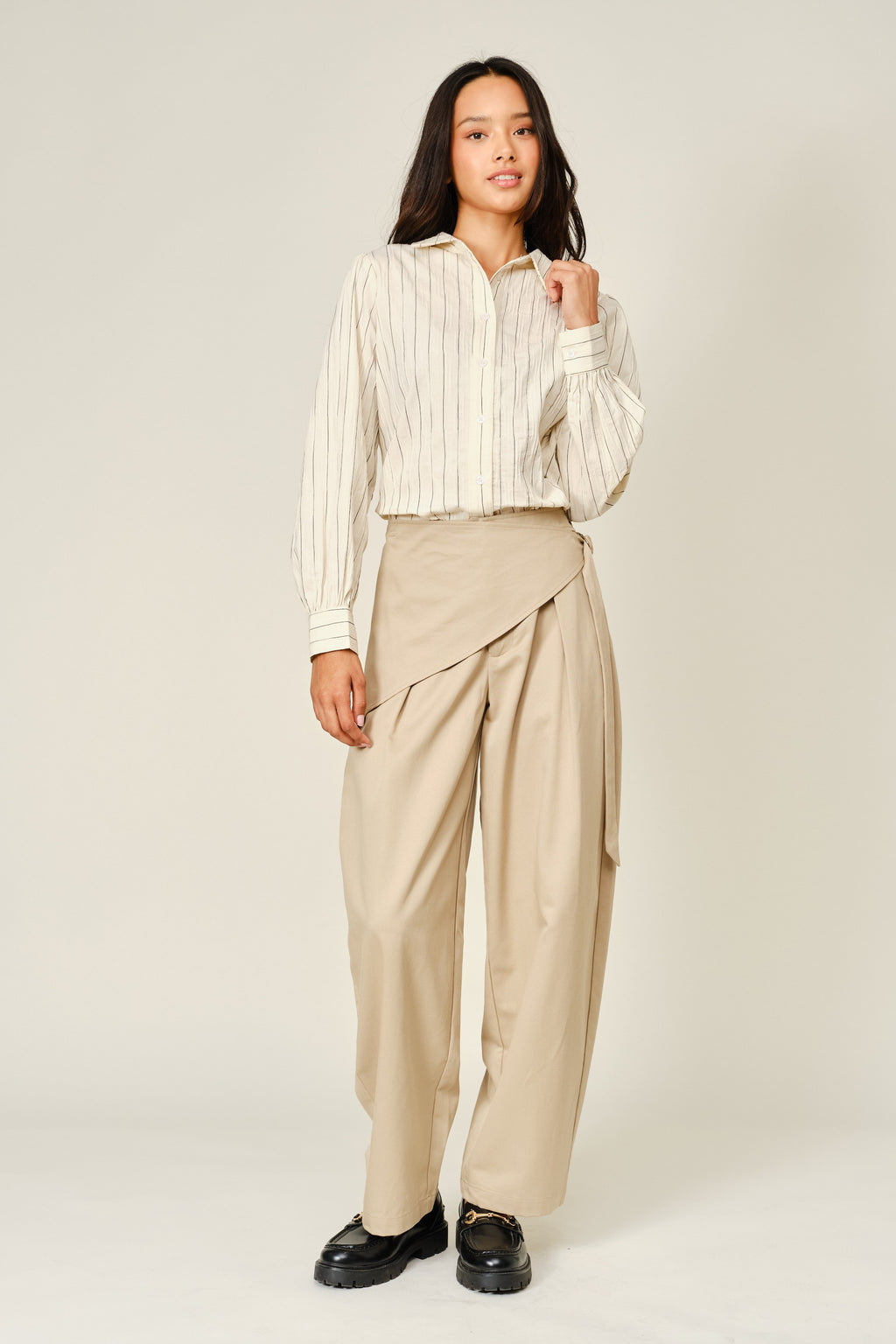 Long Sleeve Button Down Stripe Print Top Butter Cream