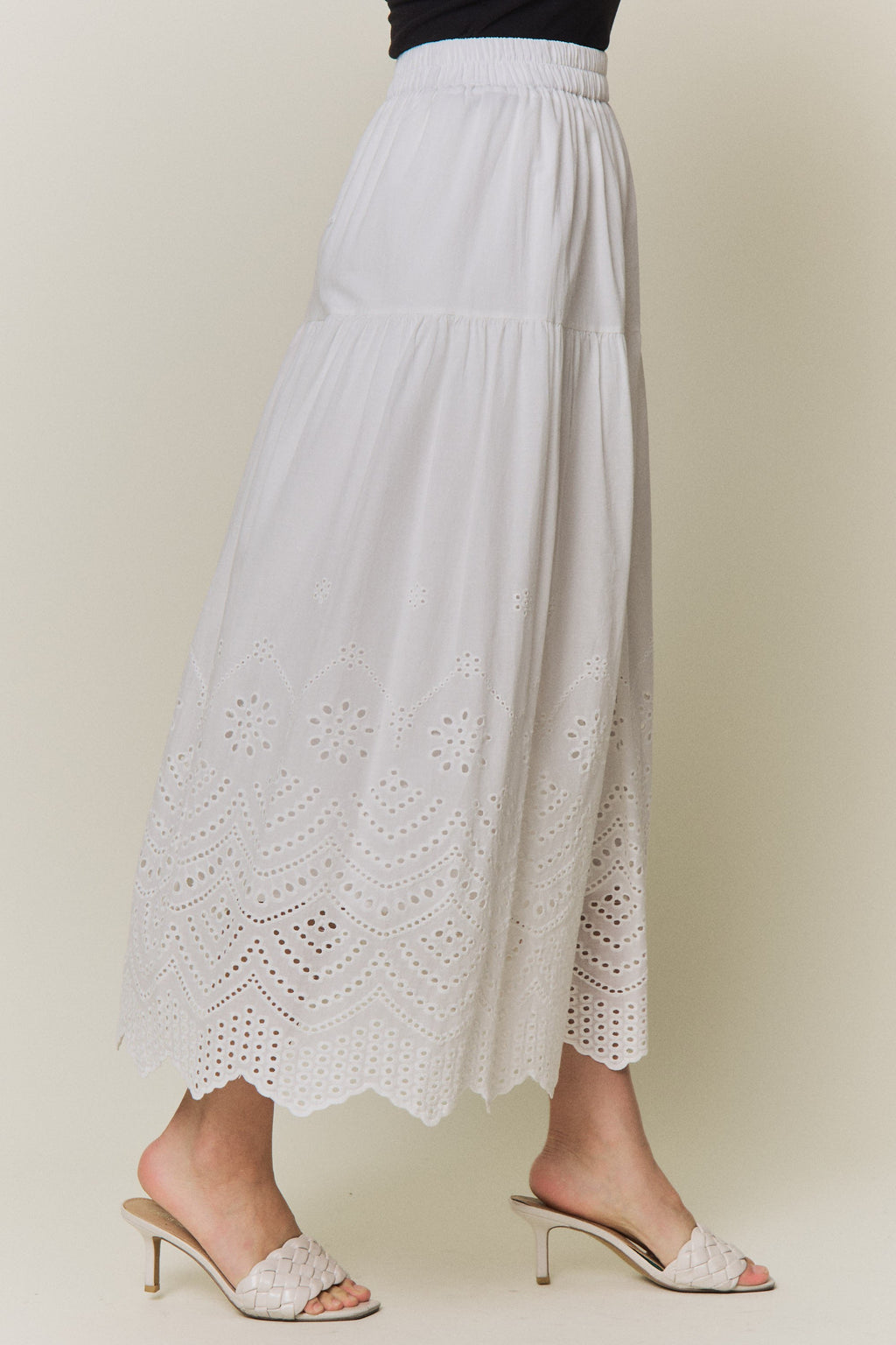 High Waist Tiered Eyelet Scalloped Midi Skirt White