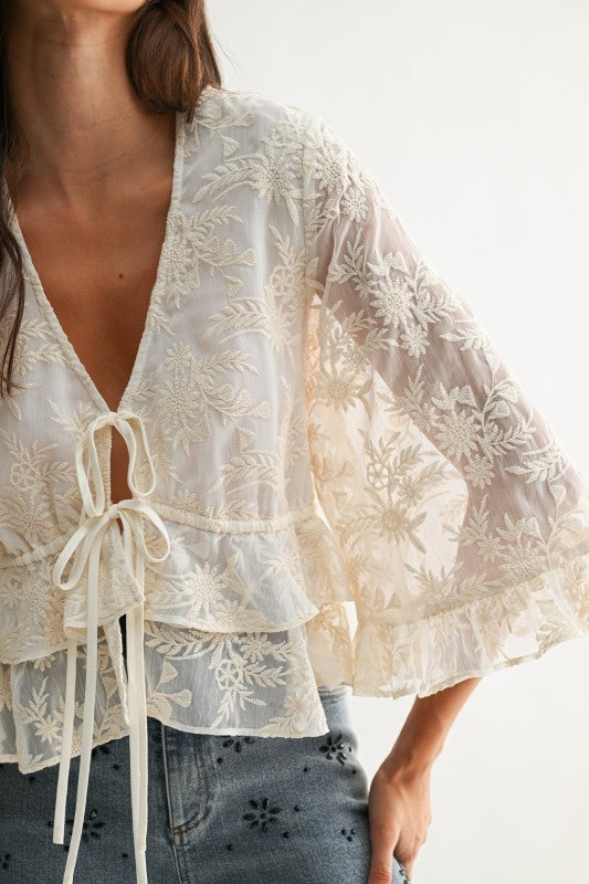 3/4 Sleeve Front Tie Sheer Embroidered Peplum Top Cream