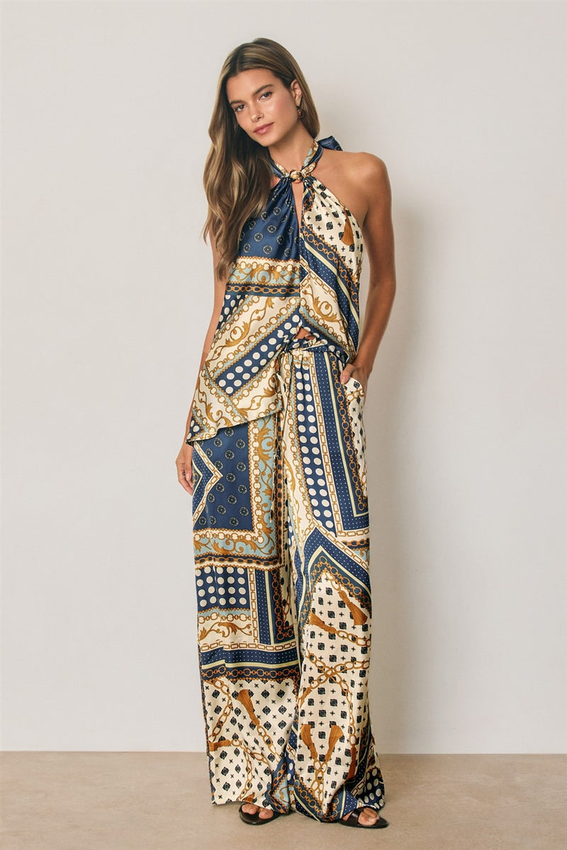 Drawstring Satin Scarf Print Wide Leg Pants Blue