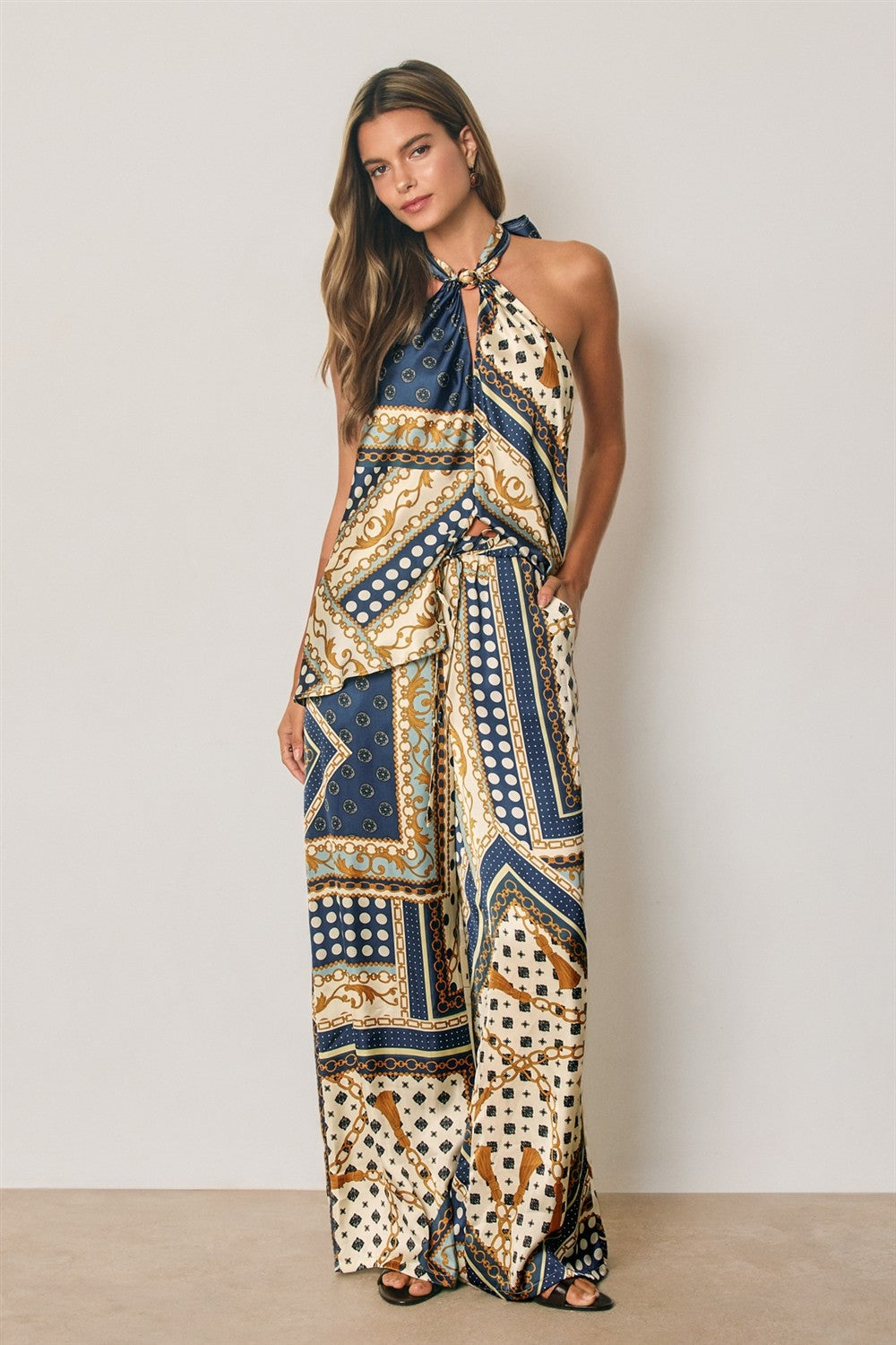 Drawstring Satin Scarf Print Wide Leg Pants Blue