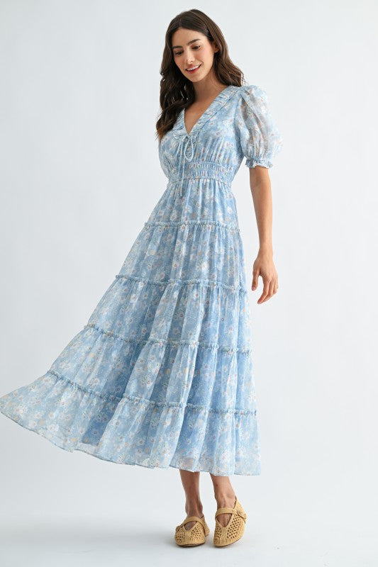 Short Puff Sleeve Floral Print Tiered Maxi Dress Blue