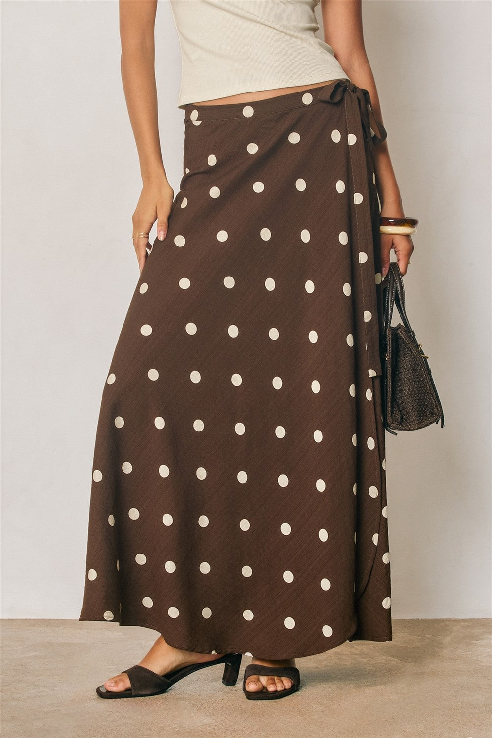 High Waist Polka Dot Print Wrap Maxi Skirt Brown