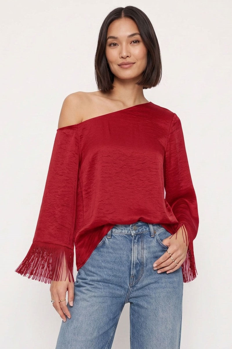 Long Fringe Sleeve Off The Shoulder Satin Top Red