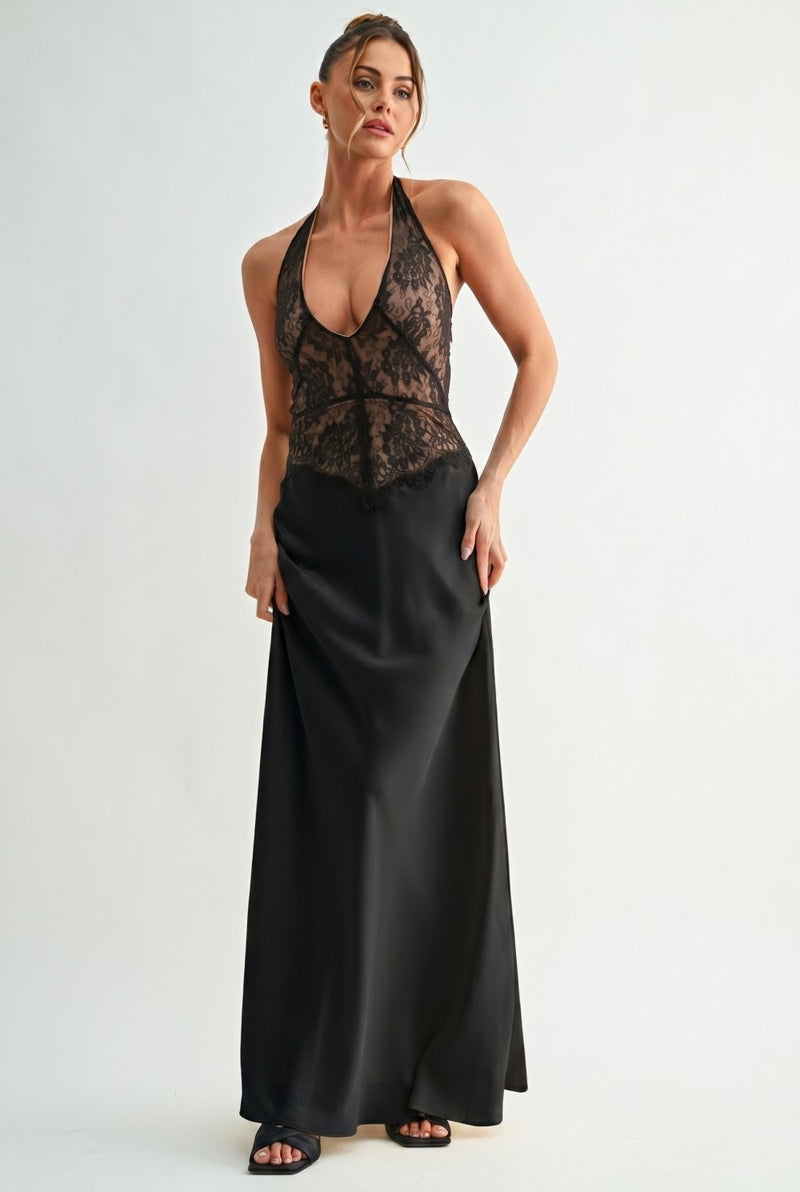 Sleeveless Halter Lace And Satin Maxi Dress Black