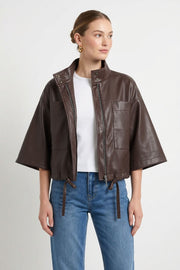 Long Sleeve Zip Up Drawstring Faux Leather Jacket Brown