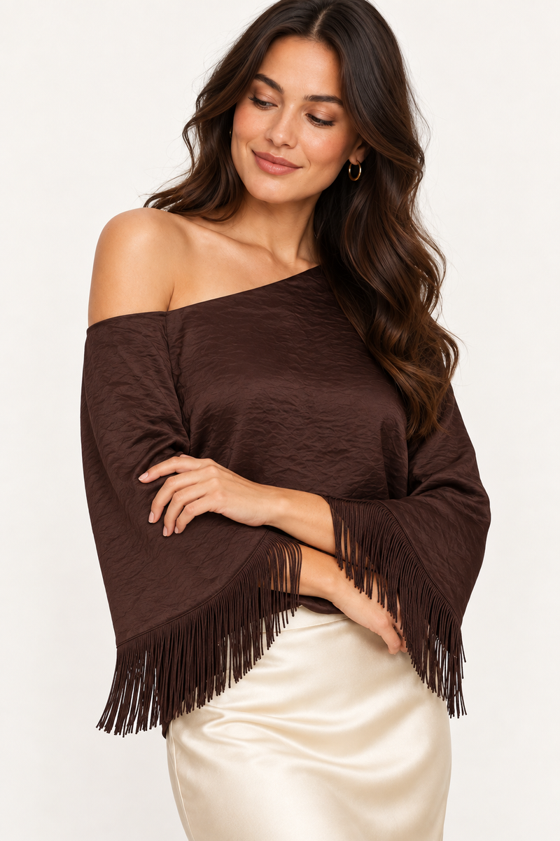 Fiora Long Fringe Sleeve Off The Shoulder Satin Top Brown