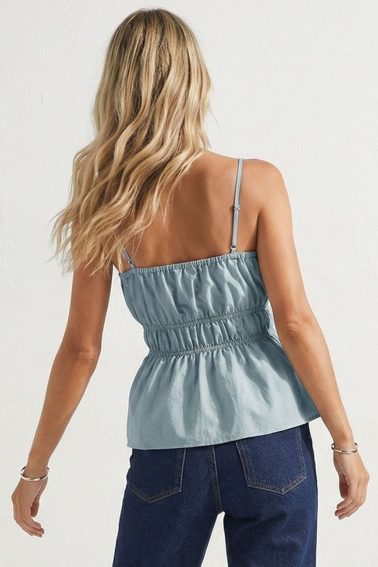 Sleeveless Pleated Belted Top Blue