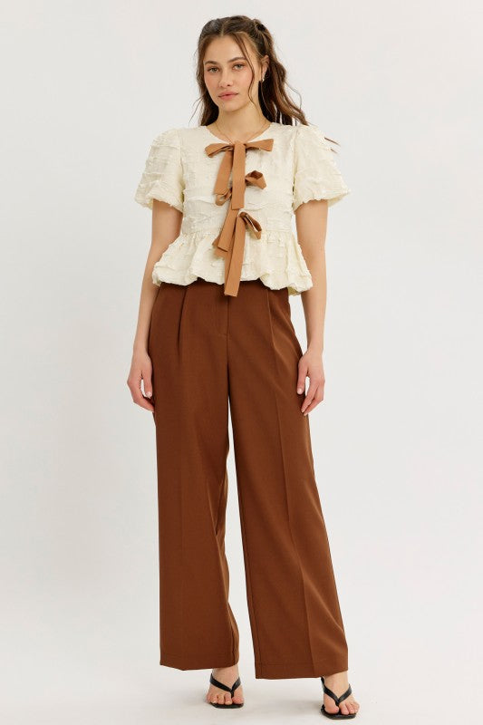 High Waist Pleated Wide Leg Pants Brown