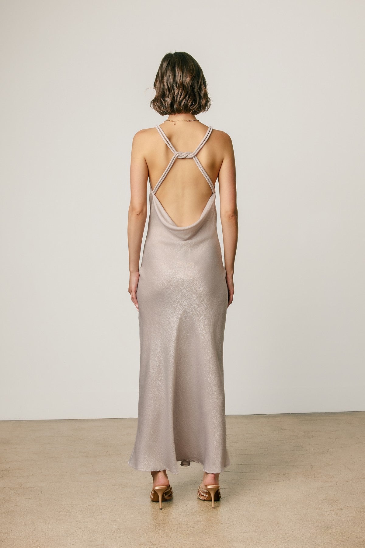 Sleeveless Halter Open Back Metallic Maxi Dress Silver