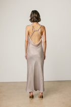 Sleeveless Halter Open Back Metallic Maxi Dress Silver