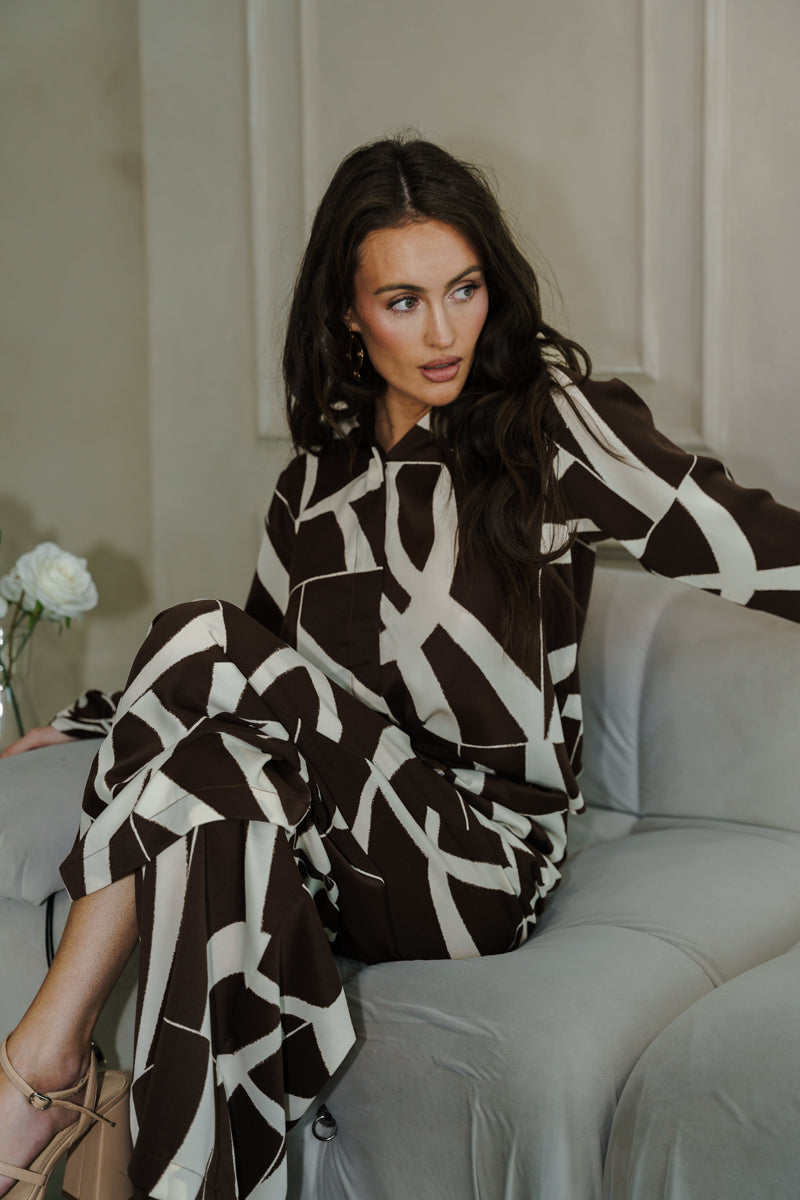 Long Sleeve Button Down Top And Wide Leg Abstract Print Pants Set Brown