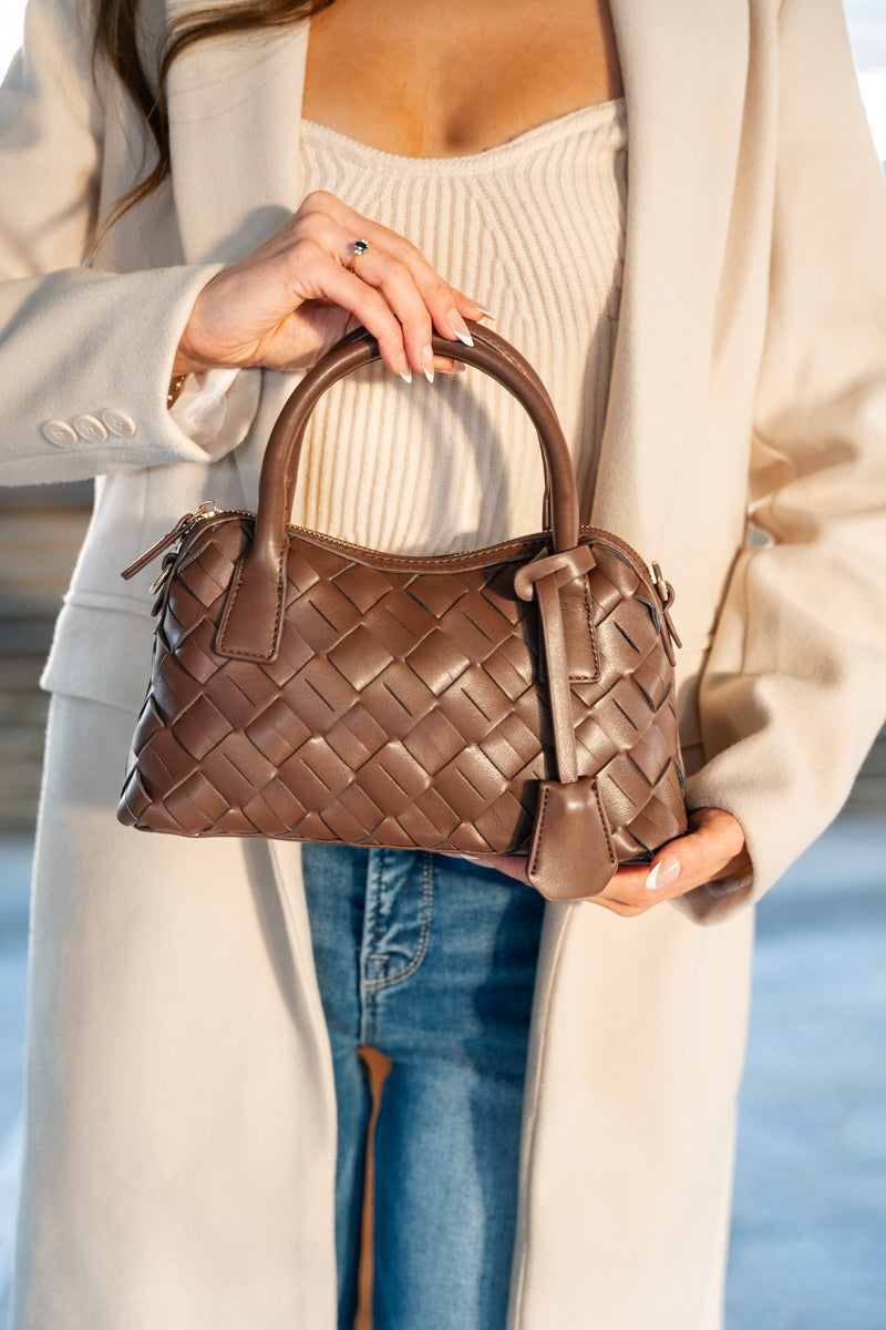 Top Handle Faux Leather Woven Handbag Brown