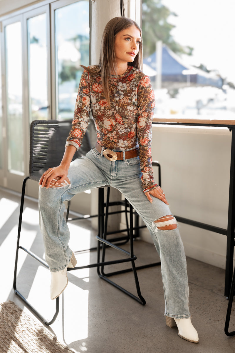 Long Sleeve Floral Print Mesh Top Brown