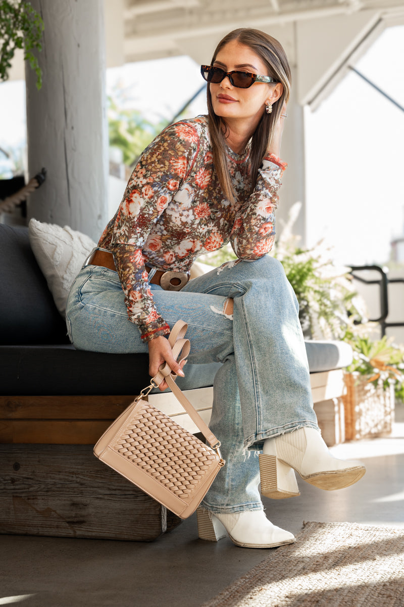 Faux Leather Woven Crossbody Taupe