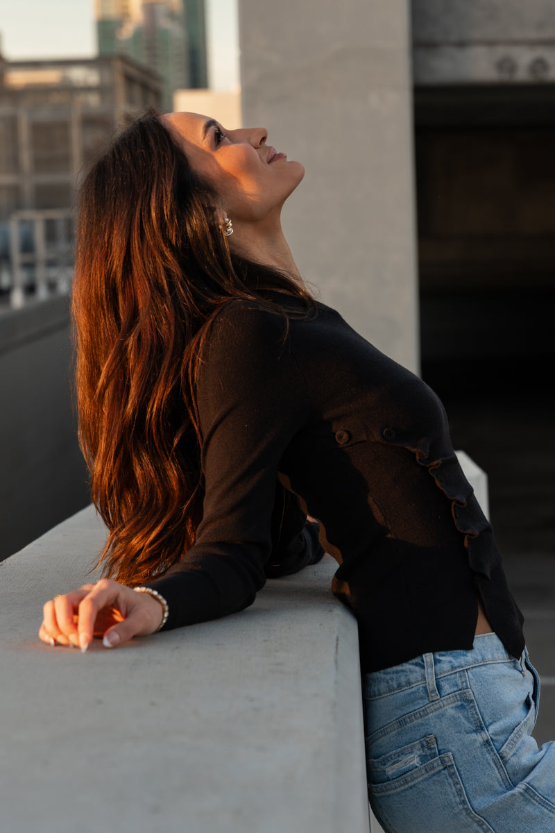 Long Sleeve Button Down Knit Top Black