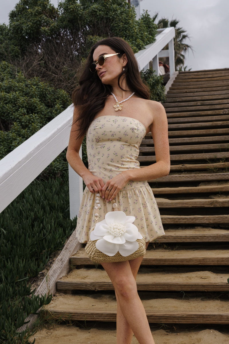 Basket Weave Fabric Flower Handbag White