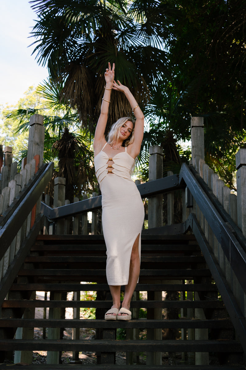 sleeveless cut out midi dress Angie Sleeveless Cut Out Knit Midi Dress Cream LARGE