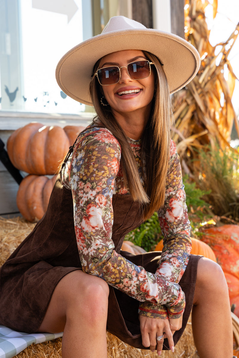 Long Sleeve Floral Print Mesh Top Brown