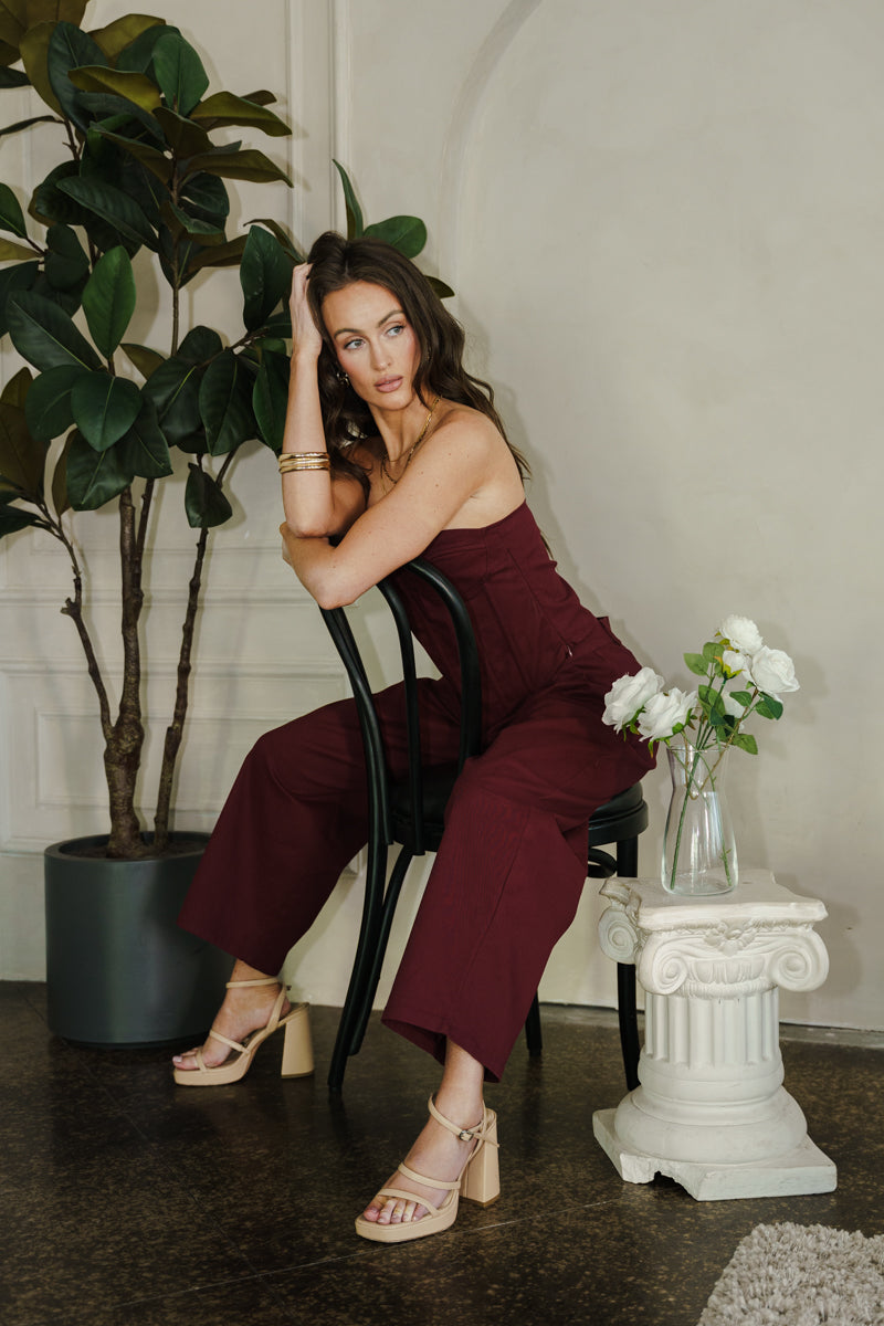 Sleeveless Corset Top And Wide Leg Barrel Pants Set Burgundy