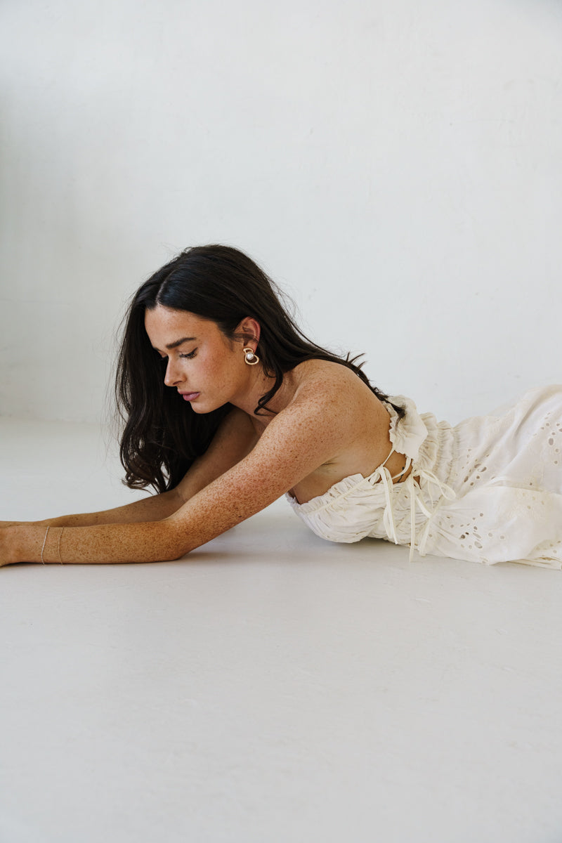 Sleeveless Floral Print Eyelet Midi Dress White