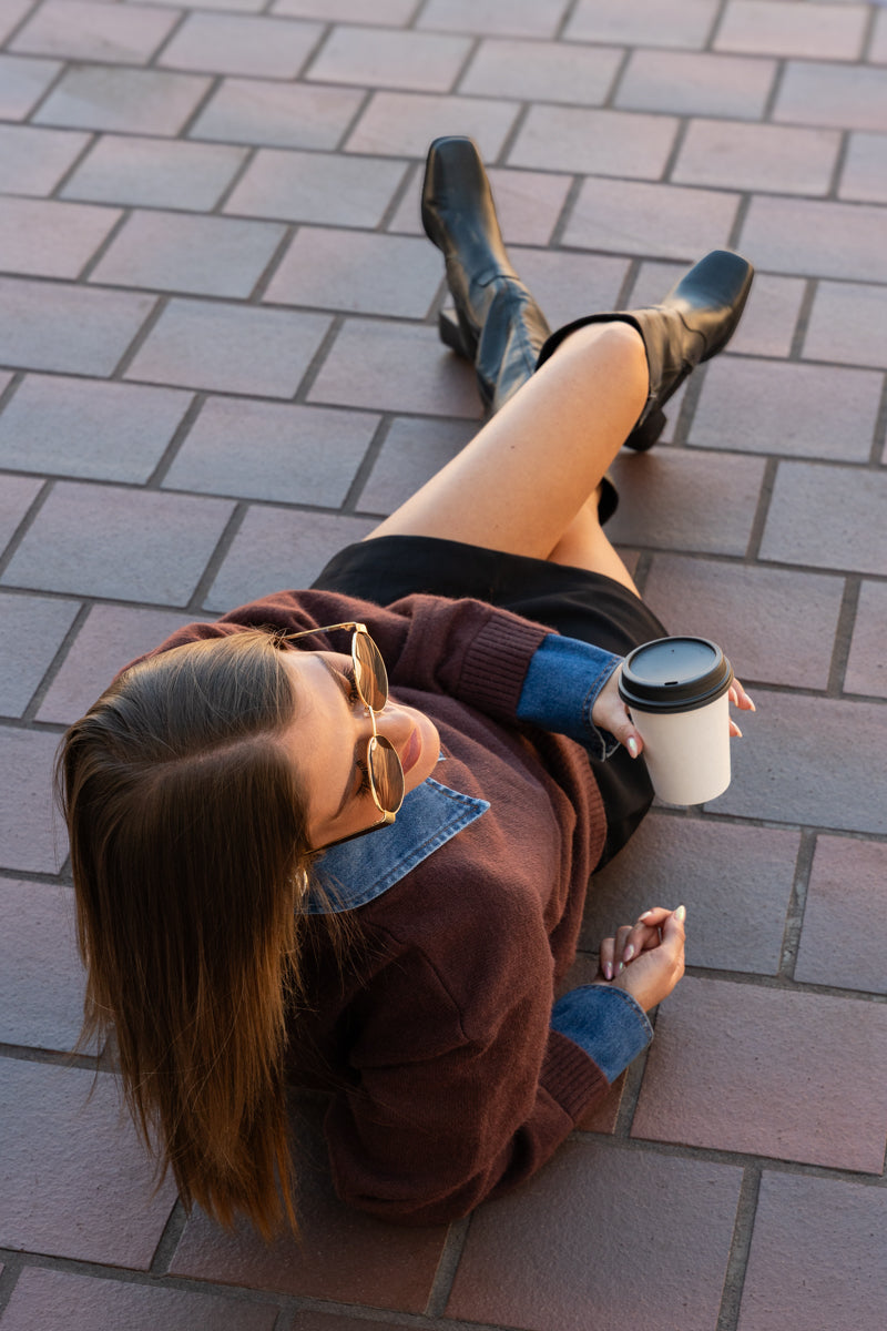 Long Sleeve Collar Denim Sweater Brown
