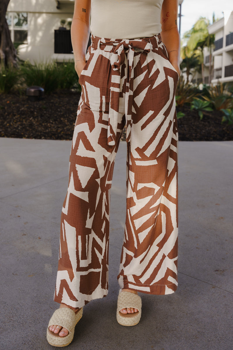 High Waist Wide Leg Abstract Print Pants Brown