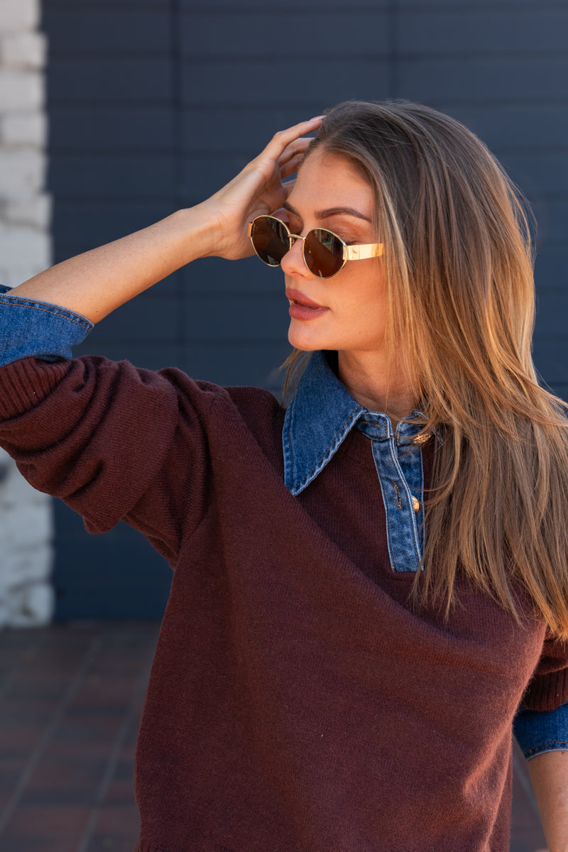  Long Sleeve Collar Denim Sweater Brown