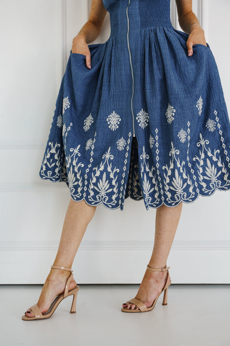 Sleeveless Zip Up Embroidered Midi Dress Blue