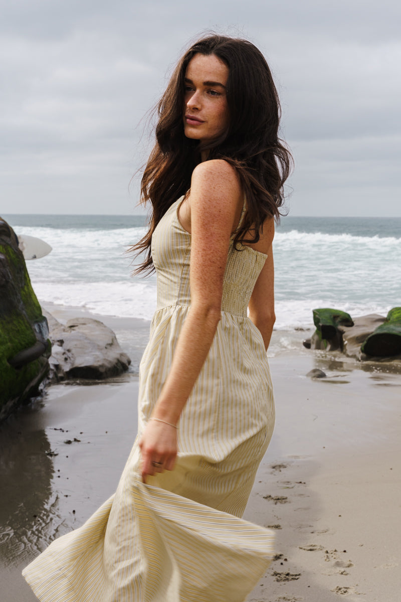 Sleeveless Stripe Print Midi Dress Yellow