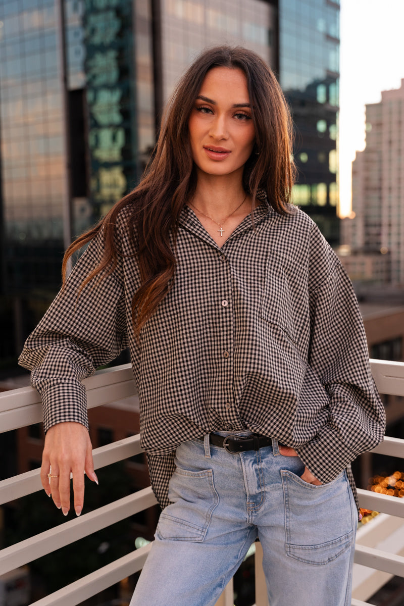 Long Sleeve Oversized Button Down Gingham Print Top Black
