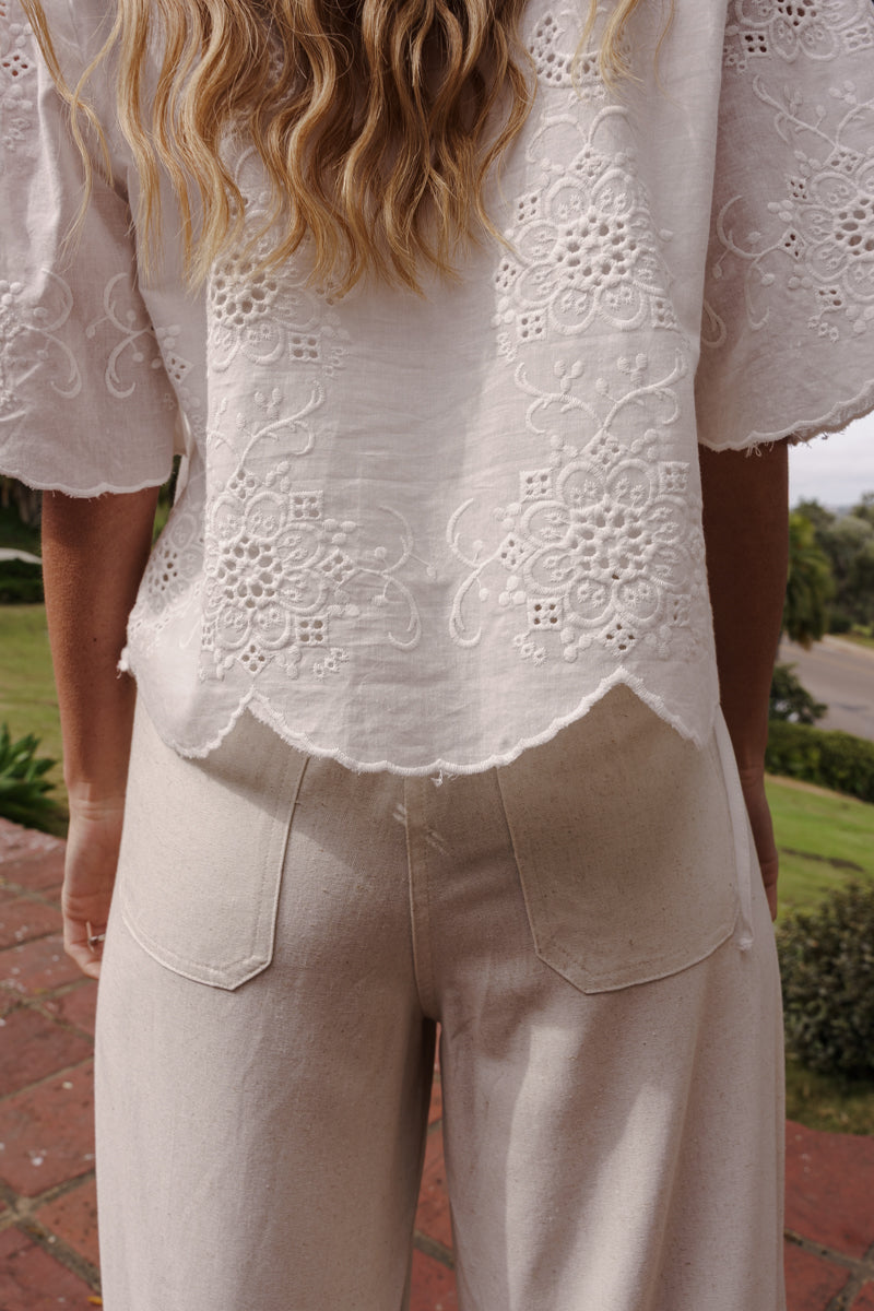 3/4 Sleeve Front Tie Sheer Eyelet Lace Top White