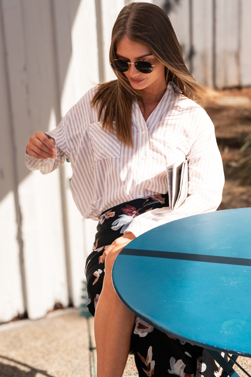 Long Sleeve Stripe Print Button Down Top Beige