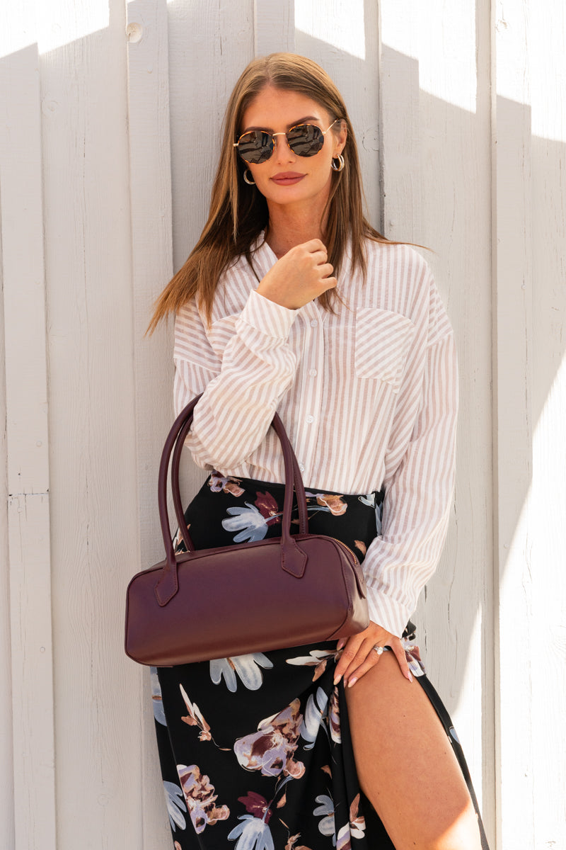 Long Sleeve Stripe Print Button Down Top Beige