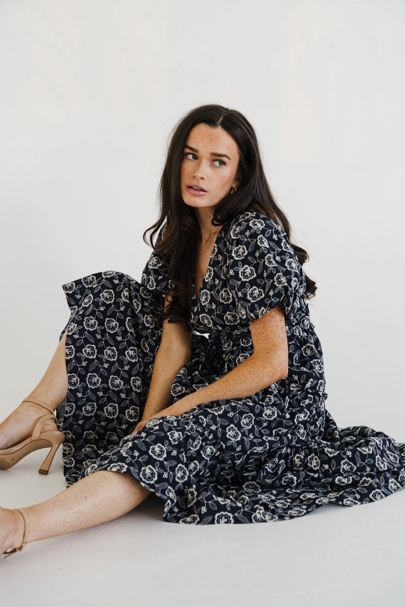 Short Puff Sleeve Embroidered Floral Midi Dress Navy