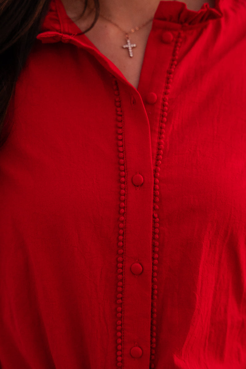  Long Sleeve Button Down Embroidered Lace Trim Top Red