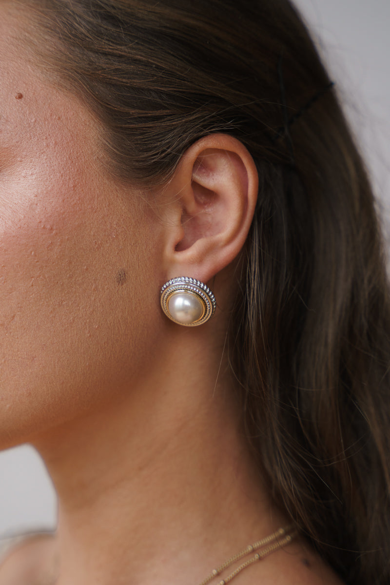 Faux Pearl Vintage Stud Earrings Gold