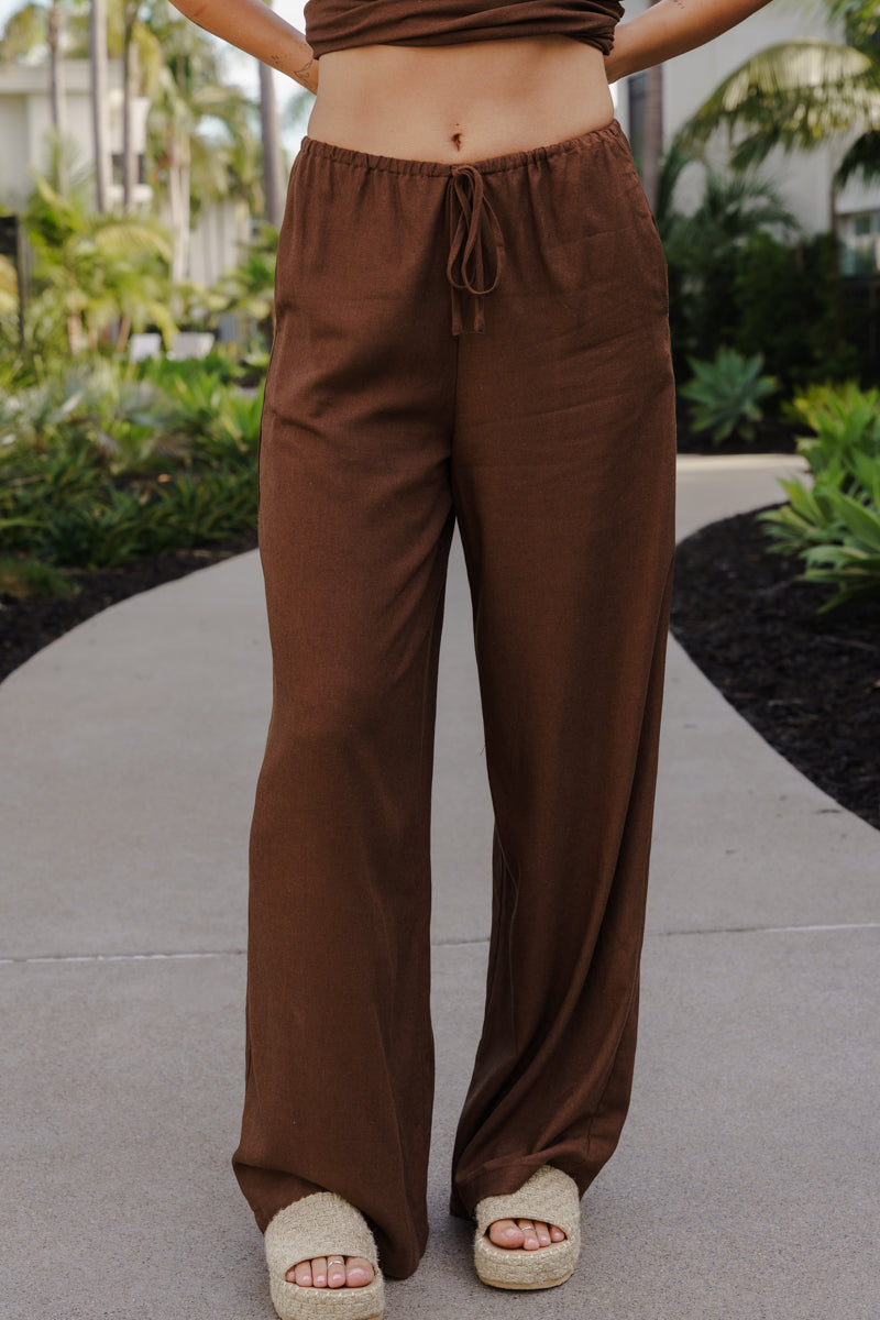 Sleeveless One Shoulder Ruched Top And Wide Leg Pant Set Brown