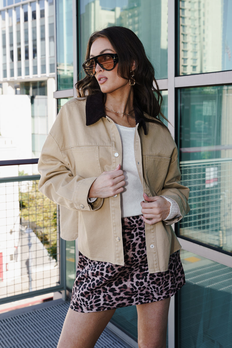  Long Sleeve Corduroy Contrast Button Down Jacket Tan