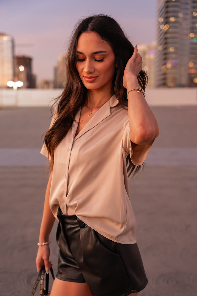 Short Sleeve Button Down Satin Top Khaki