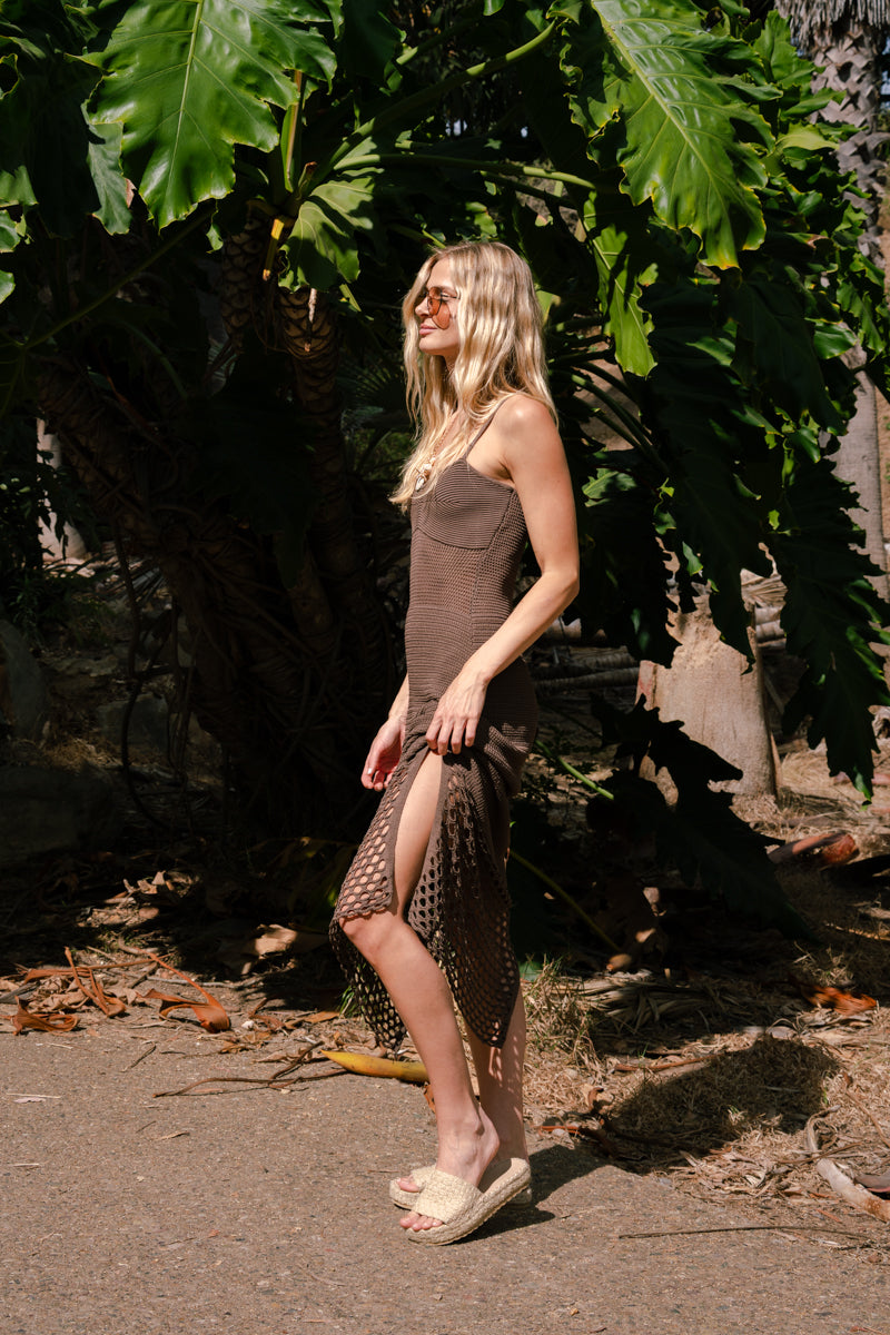 Brittany Sleeveless Crochet Knit Maxi Dress Brown SMALL