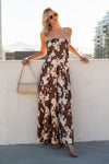 Sleeveless Back Tie Floral Print Wide Leg Jumpsuit Brown