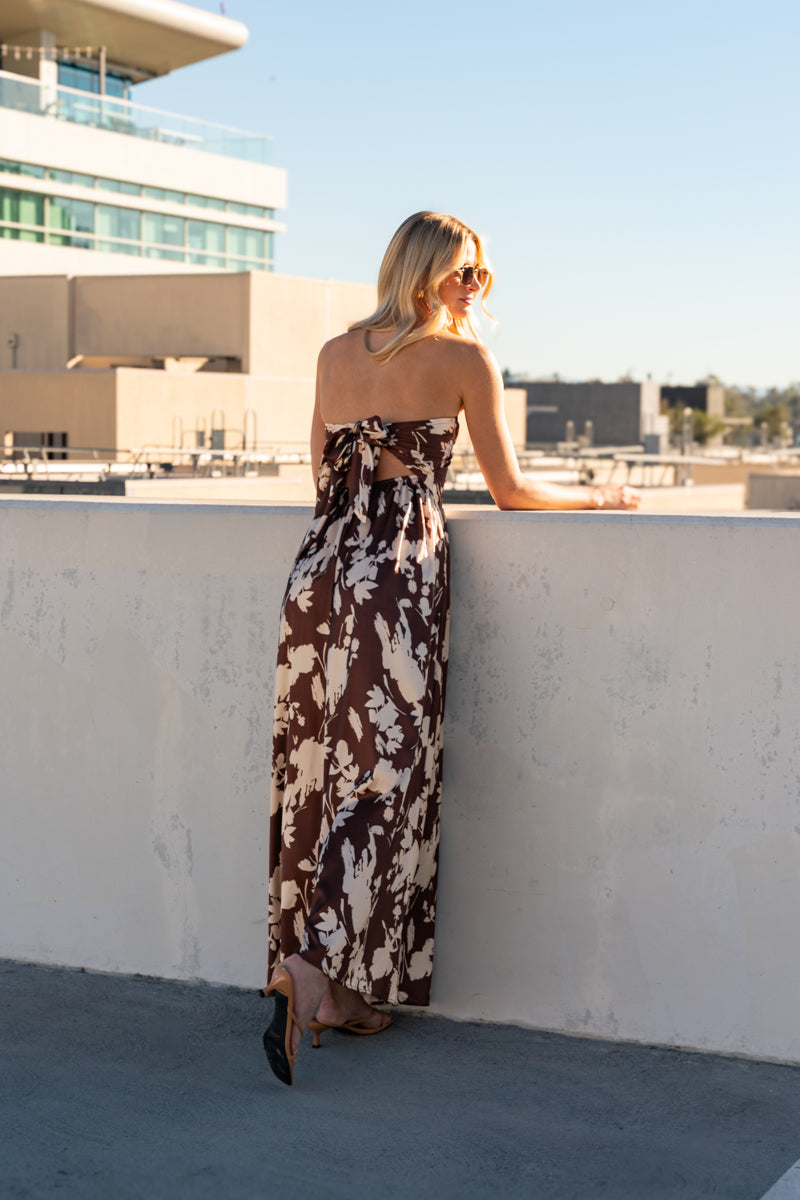 Sleeveless Back Tie Floral Print Wide Leg Jumpsuit Brown