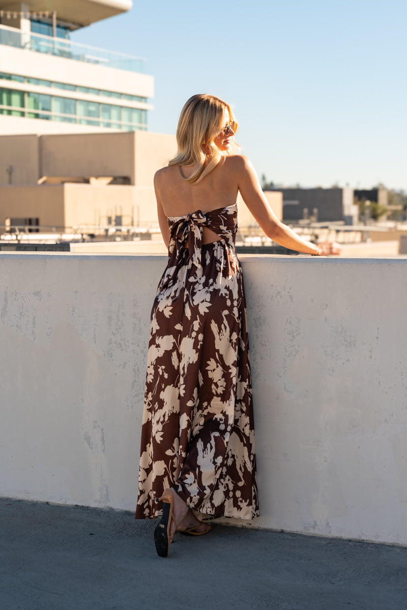 Sleeveless Back Tie Floral Print Wide Leg Jumpsuit Brown