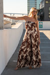 Sleeveless Back Tie Floral Print Wide Leg Jumpsuit Brown