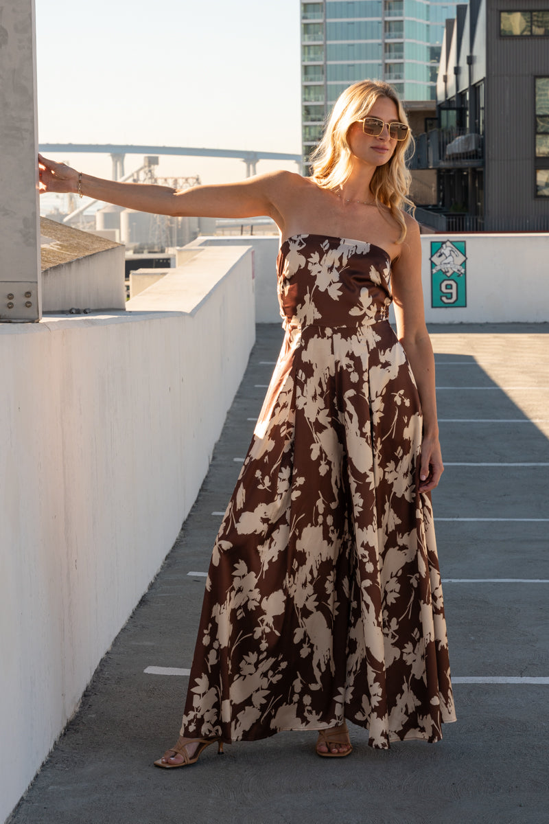 Sleeveless Back Tie Floral Print Wide Leg Jumpsuit Brown