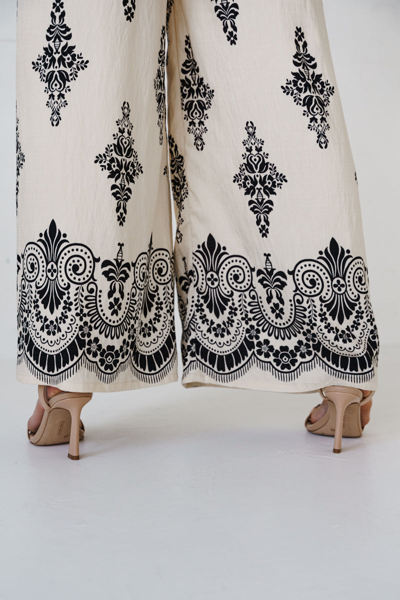 Short Sleeve Off The Shoulder Waist Tie Abstract Print Wide Leg Jumpsuit Cream