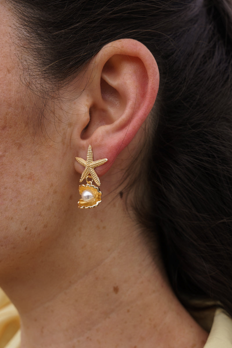 Starfish Faux Pearl Shell Drop Earrings Gold