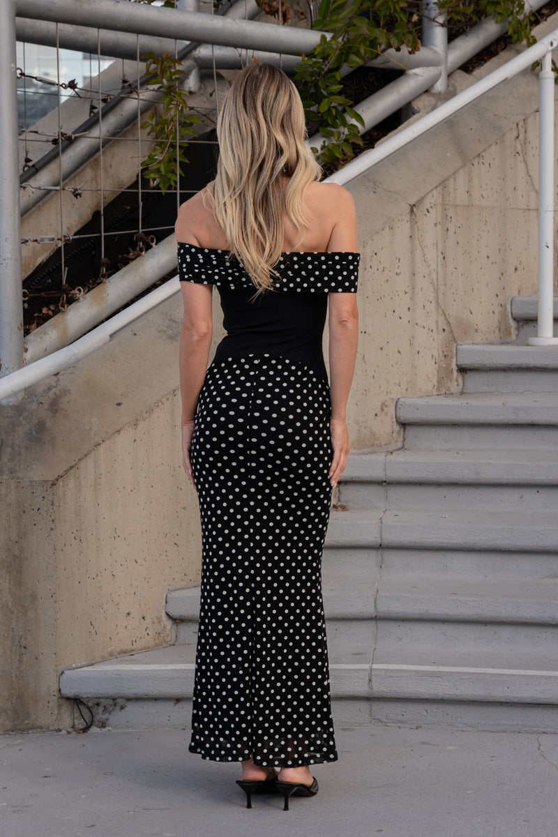 Kira Sleeveless One Shoulder Asymmetrical Polka Dot Print Maxi Dress Black